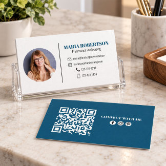 Modern Simple Minimalist QR Code Social Media Blue Business Card