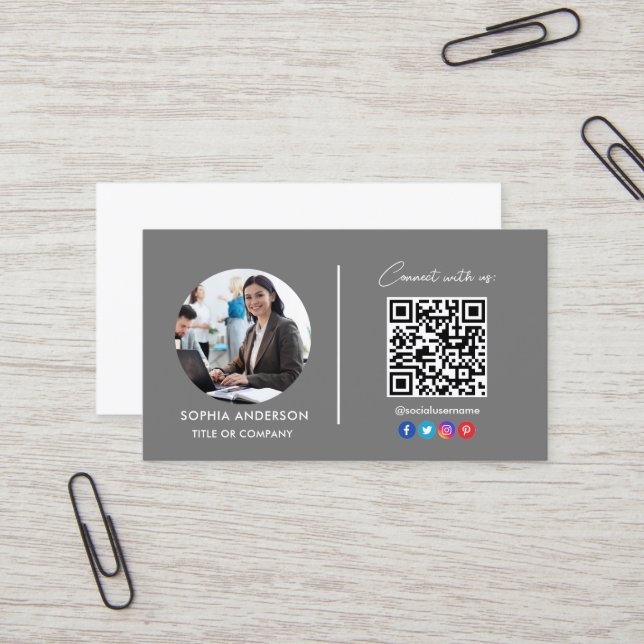 Modern Simple Minimalist QR Code Social Media Blue Business Card (Front/Back In Situ)