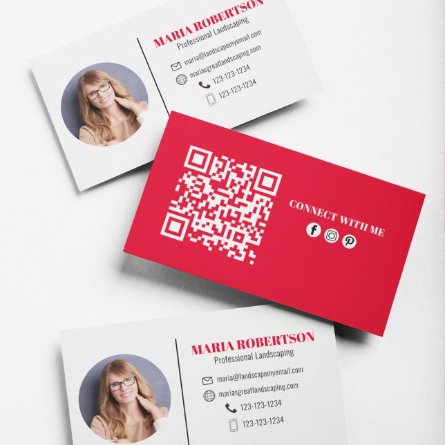 Modern Simple Minimalist QR Code Social Media Red Business Card (Modern style photo business card with circle photo template. )