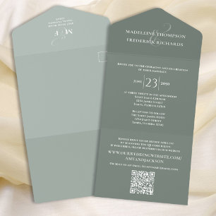 Modern Simple Minimalist Sage Green QR Code RSVP All In One Invitation