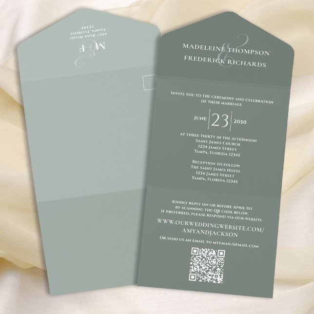 Modern Simple Minimalist Sage Green | QR Code RSVP All In One Invitation (Creator Uploaded)