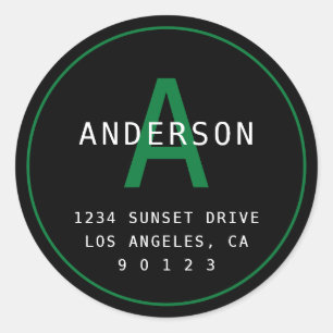 Modern Simple Monogram Address   Black Green White Classic Round Sticker