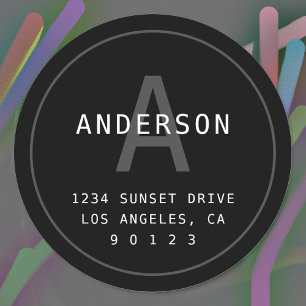Modern Simple Monogram Address   Black Grey White Classic Round Sticker