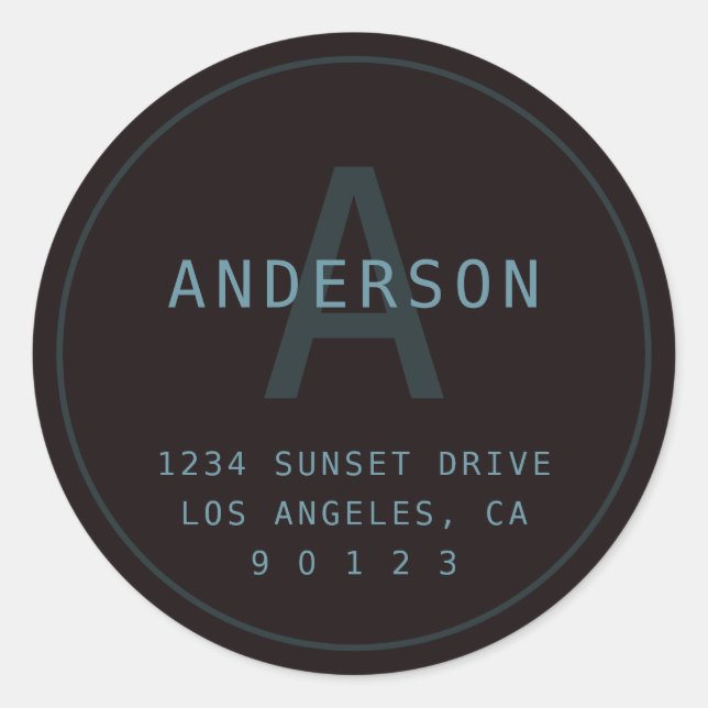 Modern Simple Monogram Address | Deep Muted Colour Classic Round Sticker (Front)
