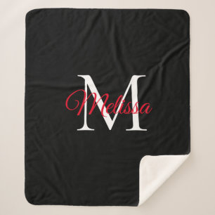 Modern simple monogram black red sherpa blanket