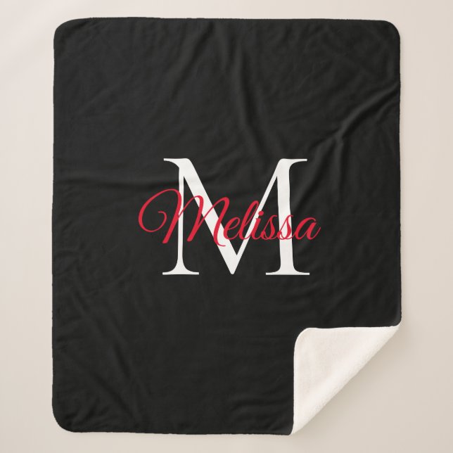Modern simple monogram black red sherpa blanket (Front)