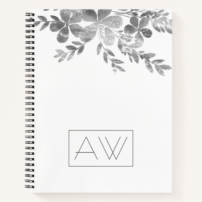 Modern Simple Monogram Black White Floral Business Notebook (Front)