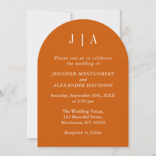 Modern Simple Monogram Burnt Orange White Wedding Invitation