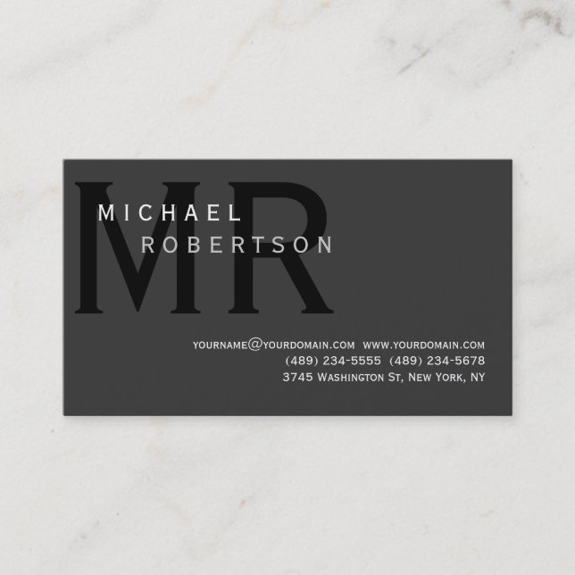 Modern Simple Monogram Grey Business Card (Front)