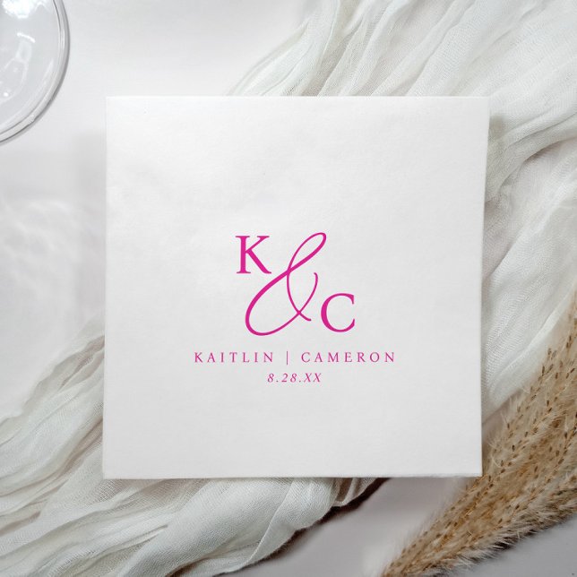 Modern Simple Monogram Magenta Pink Wedding Napkin (Magenta pink wedding napkins with monogram initials in elegant modern minimalist typography)