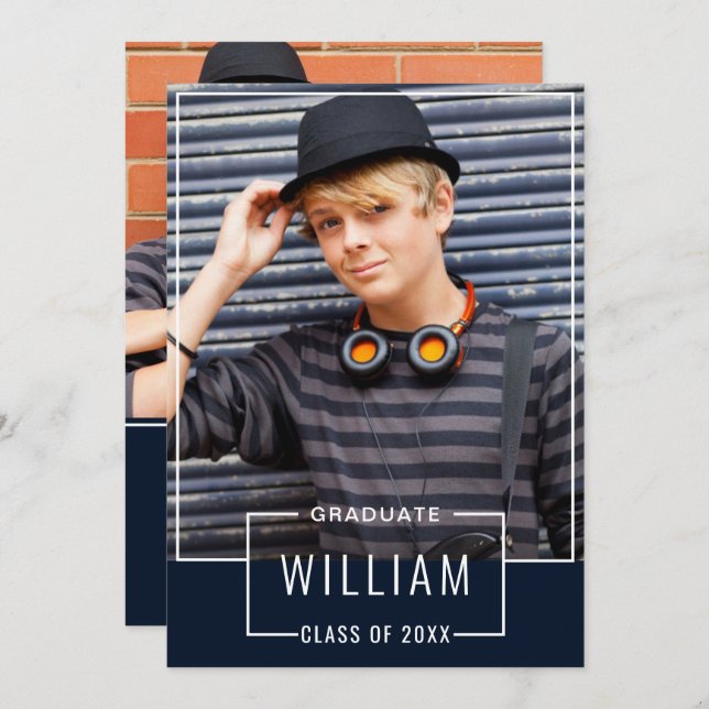 Modern Simple Navy 2 PHOTO Graduation Party Invitation (Front/Back)