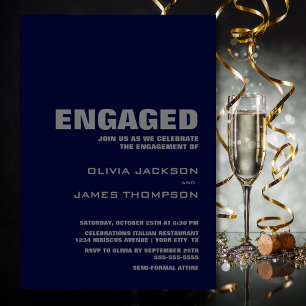 Modern Simple Navy Blue and Grey Engagement Party Invitation