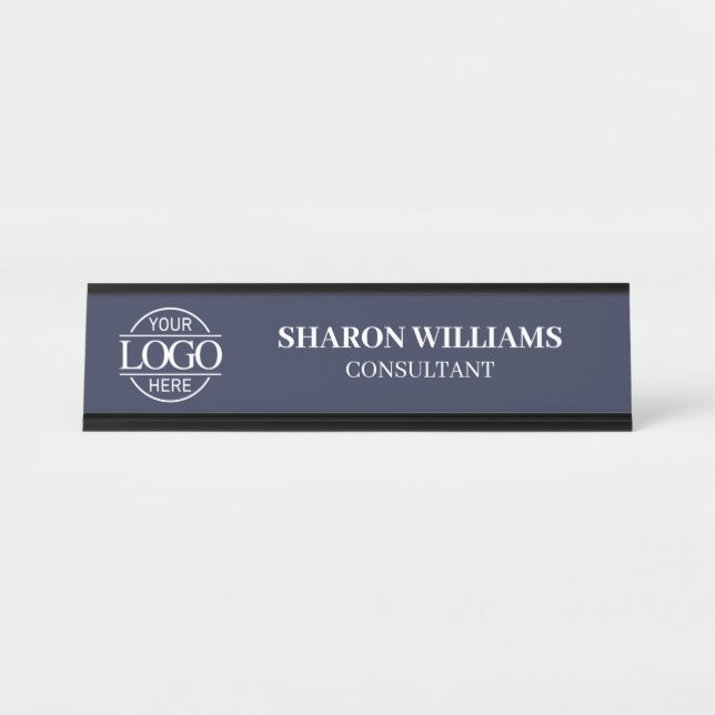 Modern Simple Navy Blue Custom Logo Professional Desk Name Plate (Front)