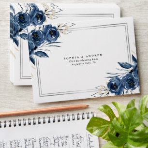 Modern Simple Navy Blue Floral Monogram Wedding Envelope