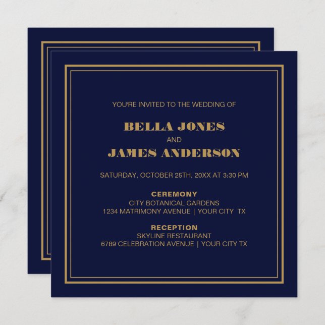 Modern Simple Navy Blue Gold Wedding Invitation (Front/Back)