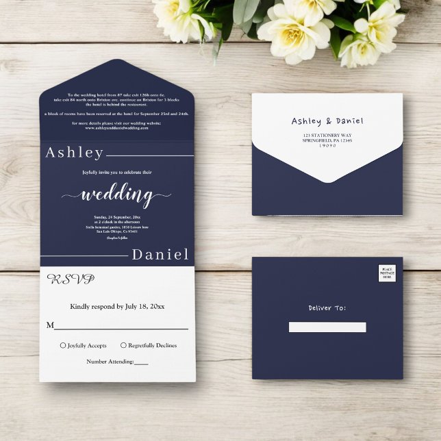 Modern Simple Navy Blue White Formal Chic Wedding All In One Invitation (Creator Uploaded)