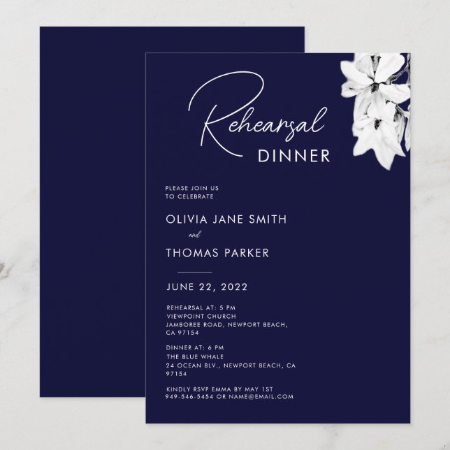 Modern Simple Navy Magnolia Rehearsal Dinner Invitation (Front/Back)