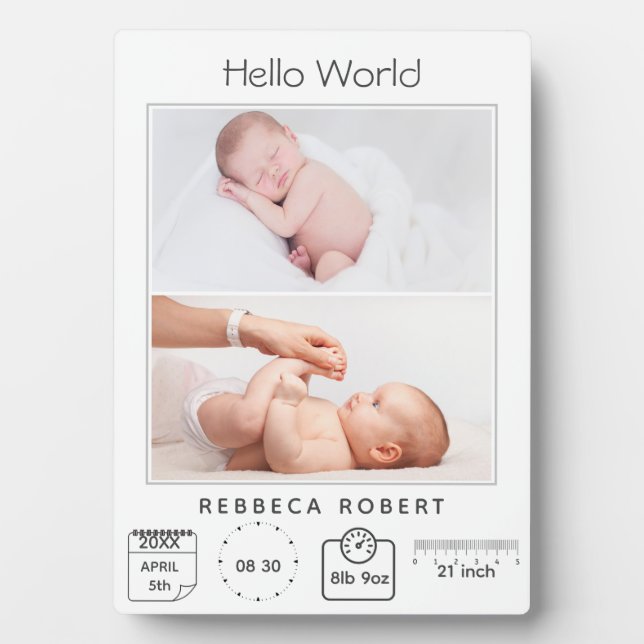 Modern Simple New Baby Personalised 2 Photo  Plaque (Front)