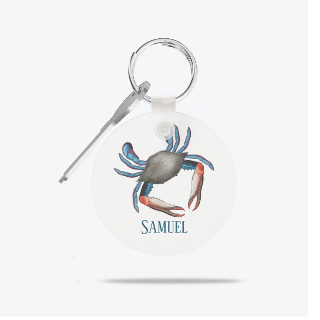 Modern Simple Ocean Blue Crab Nautical Coastal Key Ring (Personalized watercolor ocean blue crab keychain with coastal style.)