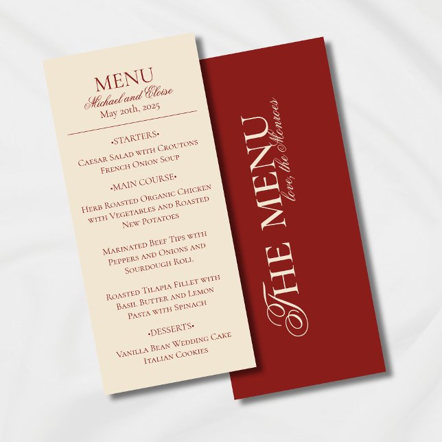 Modern Simple Old Money Bold Red Wedding Dinner Menu (Classic Red with Modern Luxury Font Wedding Suite, a perfect elegant touch for the event.)