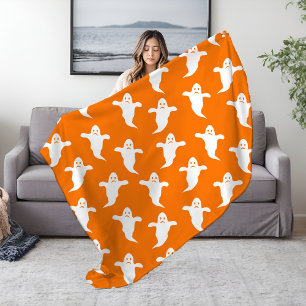 Modern Simple Orange and White Ghosts Halloween Sherpa Blanket