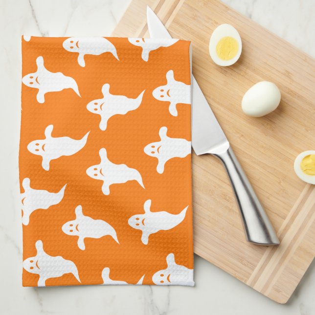 Modern Simple Orange and White Ghosts Halloween Tea Towel (Quarter Fold)