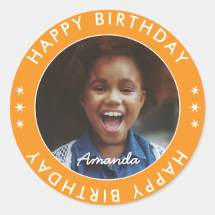 Modern Simple Orange Kids Happy Birthday Photo Classic Round Sticker