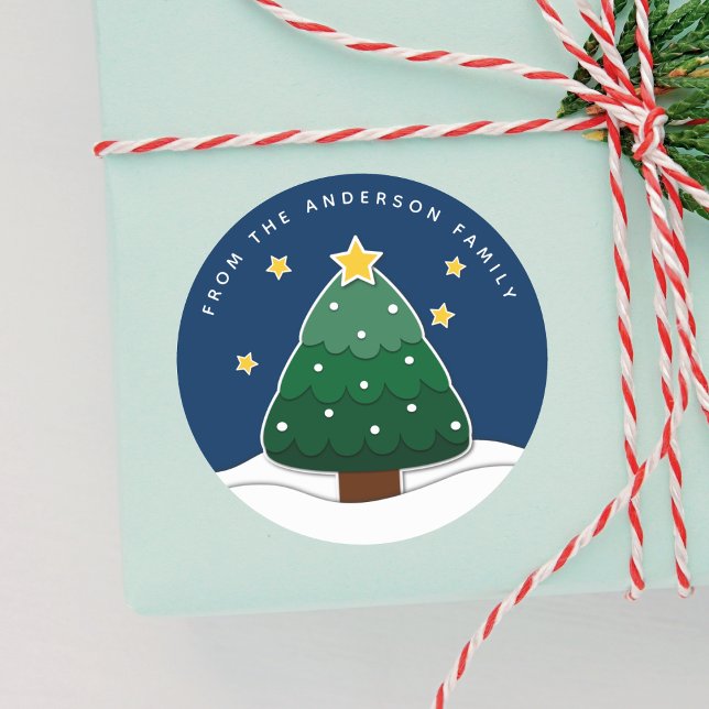 Modern Simple Papercut Stars Snowy Christmas Tree Classic Round Sticker (Creator Uploaded)