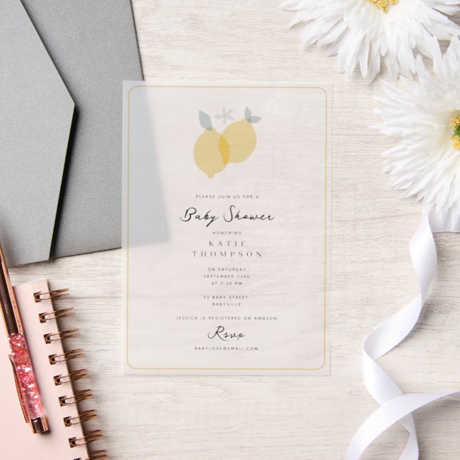 Modern Simple Pastel Citrus Lemons Baby Shower Vellum Invitations (Wedding)