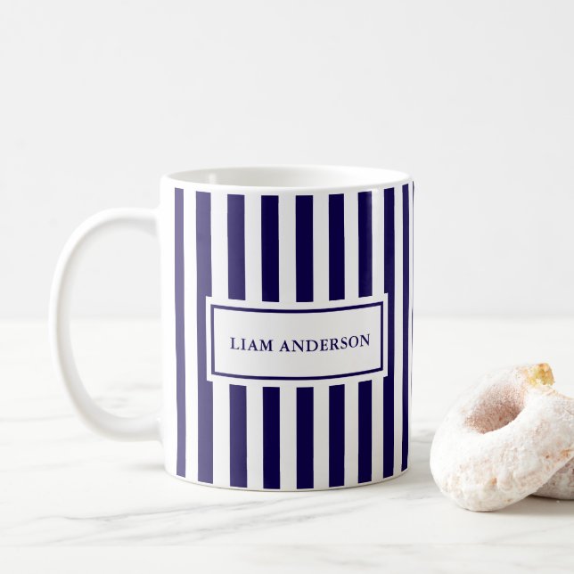 Modern Simple Personalised Navy Vertical Striped Coffee Mug (With Donut)