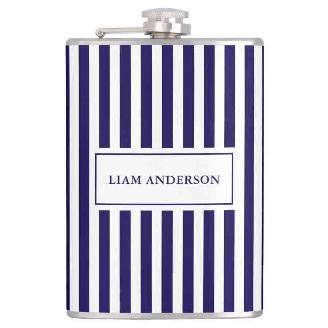 Modern Simple Personalised Navy Vertical Striped Hip Flask (Front)