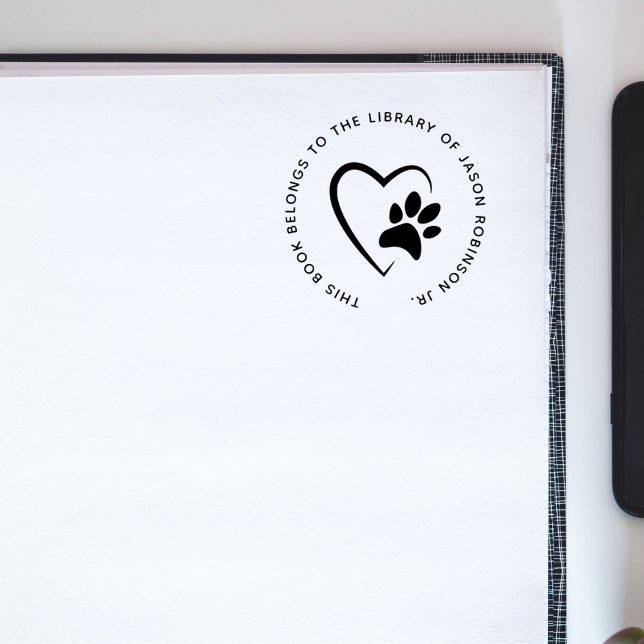 Modern Simple Pet Paw Heart Custom Library Book Rubber Stamp (Creator Uploaded)