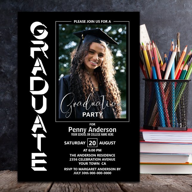 Modern Simple Photo Black Graduation Party Invitation (Creator Uploaded)