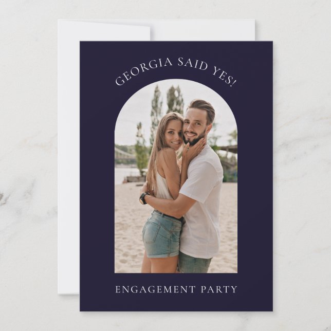 Modern simple photo dark blue engagement party holiday card (Front)