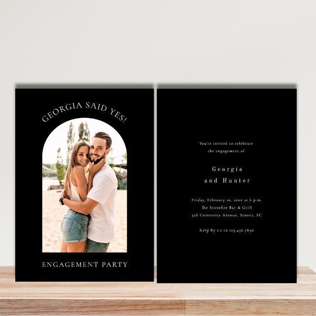 Modern simple photo engagement party holiday card (modern black minimal engagement party invitation fully personalized to your needs )