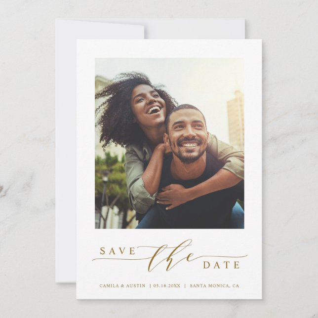 Modern & Simple Photo Gold Save the Date Flat Card (Front)
