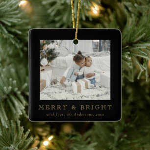Modern Simple Photo Merry and Bright Christmas Ceramic Ornament
