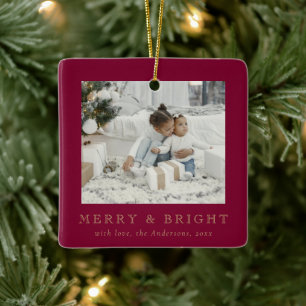 Modern Simple Photo Merry and Bright Red Christmas Ceramic Ornament