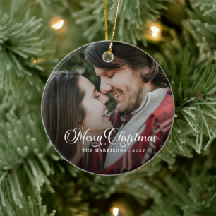 Modern Simple Photo Merry Christmas Tartan Ceramic Tree Decoration