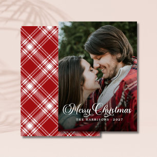 Modern Simple Photo Merry Christmas Tartan Holiday Card