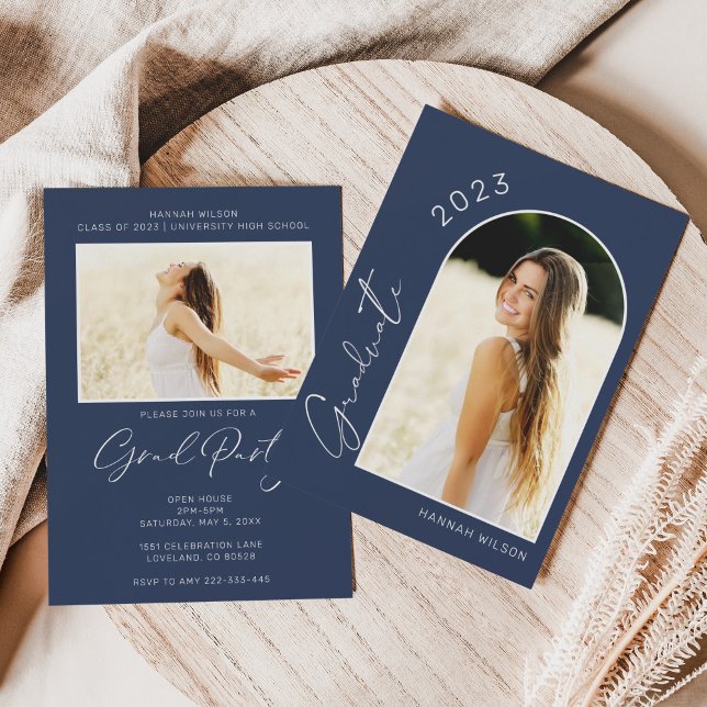 Modern Simple Photo Navy Blue Graduation Party Invitation (Creator Uploaded)