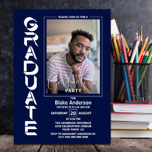 Modern Simple Photo Navy Blue Graduation Party Invitation