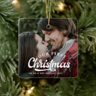 Modern Simple Photo Our First Christmas Newlywed Ceramic Ornament