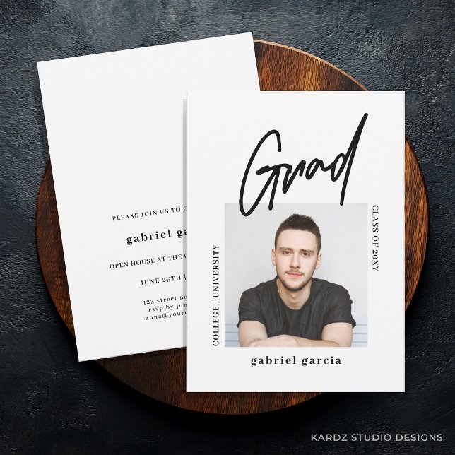 Modern Simple Photo Script Graduation Party Invitation (Graduation Invitation shown in a 5x7-inch card. Personalize announcement with blue button section.)