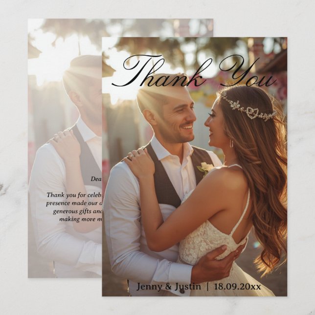 Modern Simple Photo Wedding Thank You Card W Note (Front/Back)