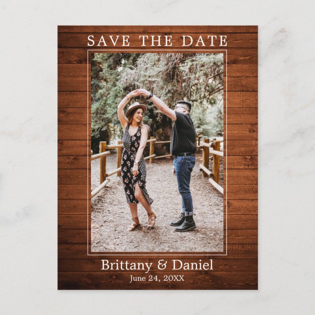 Modern Simple Photo Wood Save The Date Postcard (Front)
