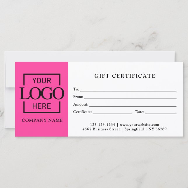 Modern Simple Pink Business Logo Gift Certificate (Front)