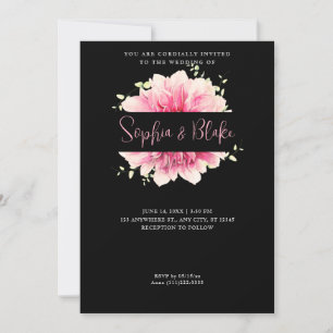 Modern Simple Pink Floral Framed Black Wedding Invitation