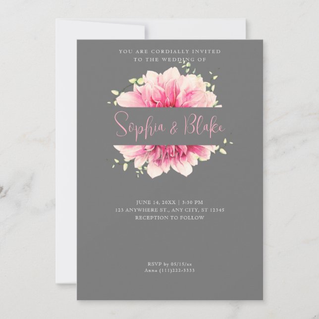 Modern Simple Pink Floral Framed Grey Wedding Invitation (Front)