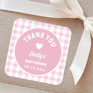 Modern Simple Pink Gingham Baby Shower Thank You Square Sticker